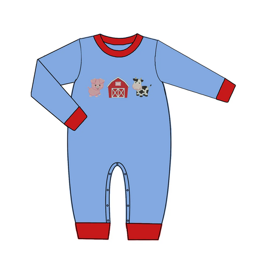 Custom moq 3 eta 7/8week moq 5 eta /4/5week Blue long-sleeved romper with piggy-house-cow pattern