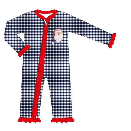 Custom moq 3 eta 7/8week moq 5 eta /4/5week Embroidered Santa Claus Red Ruffled Lace Cuffs Navy Blue Small Plaid Long Zipper Climbing Suit