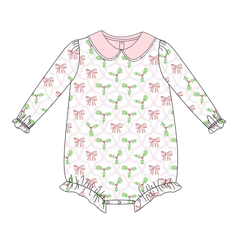 Custom moq 3 eta 7/8week moq 5 eta /4/5week Pink Bow & Green Christmas Bow Tie Pattern Baby Collar Long Sleeve Short Climbing Dress