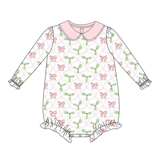 Custom moq 3 eta 7/8week moq 5 eta /4/5week Pink Bow & Green Christmas Bow Tie Pattern Baby Collar Long Sleeve Short Climbing Dress