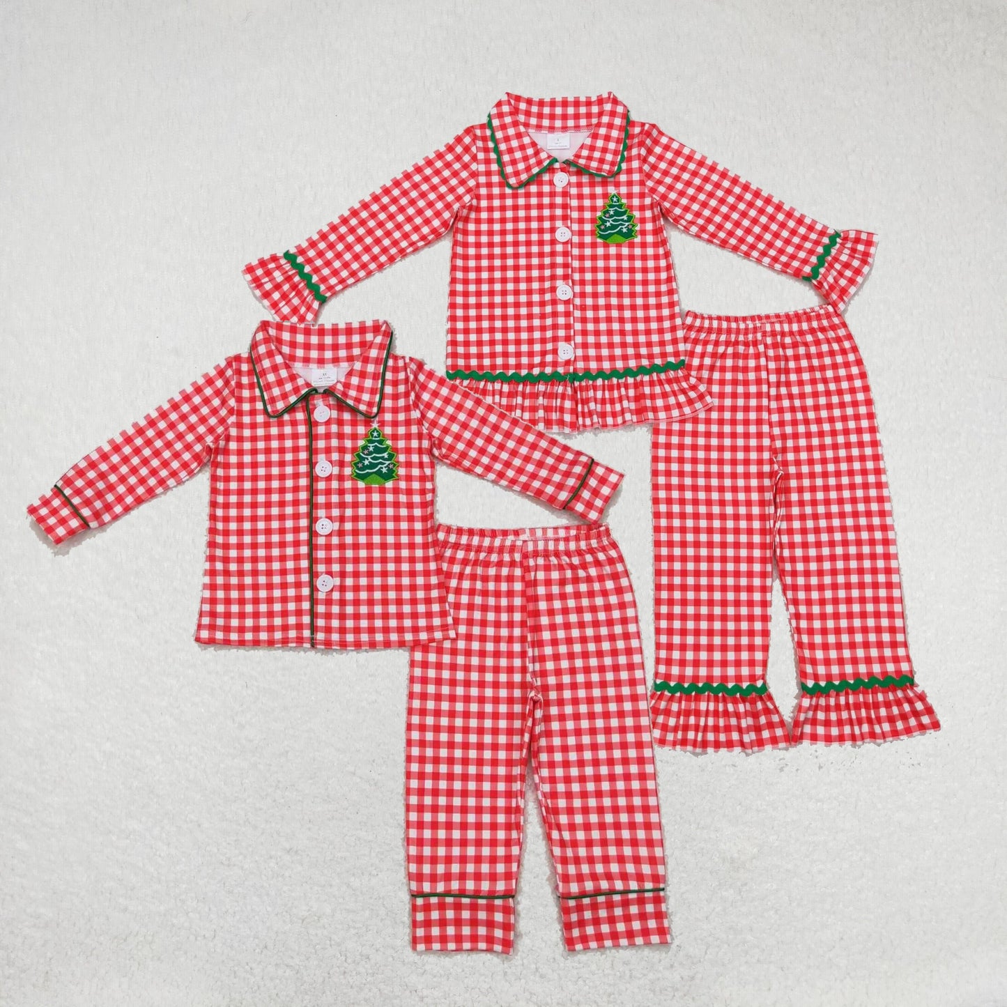 RTS NO MOQ Christmas Tree Plaid Girls Boys Long Sleeve Long Pants Pajama Set