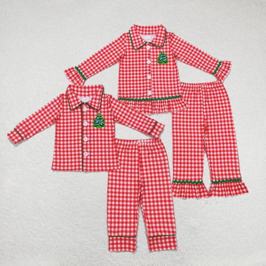 RTS NO MOQ Christmas Tree Plaid Girls Boys Long Sleeve Long Pants Pajama Set