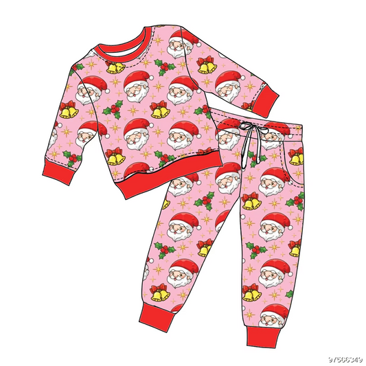 Custom moq 3 eta 7/8week moq 5 eta /4/5week Q Version Santa Claus - Bell Pattern Watermelon Red Long Sleeve Pants Suit (with Pockets and Drawstring Style)