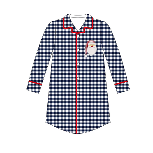 Custom moq 3 eta 7/8week moq 5 eta /4/5week Embroidered Santa Claus Navy Blue Small Plaid Adult Button Top