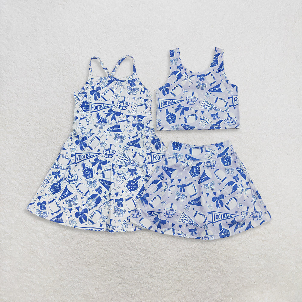 RTS NO MOQ Sibling baby girl clothes team cheer skirt yoga sets and dress