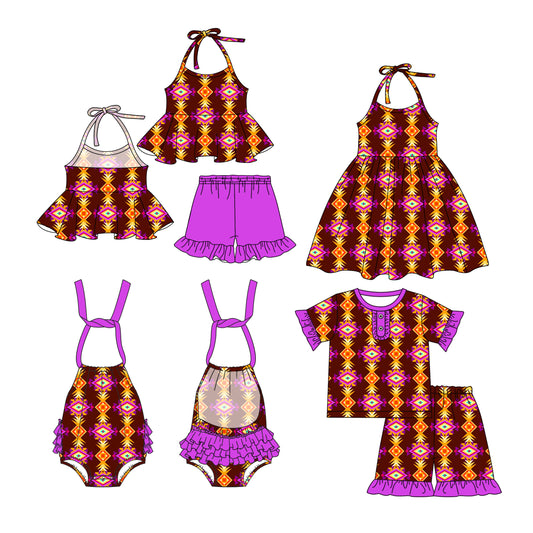 26.1.2 custom each style moq 5 eta 6-8week Sibling Sister geometric baby short sleeve shorts sets 2 and romper and dress match design