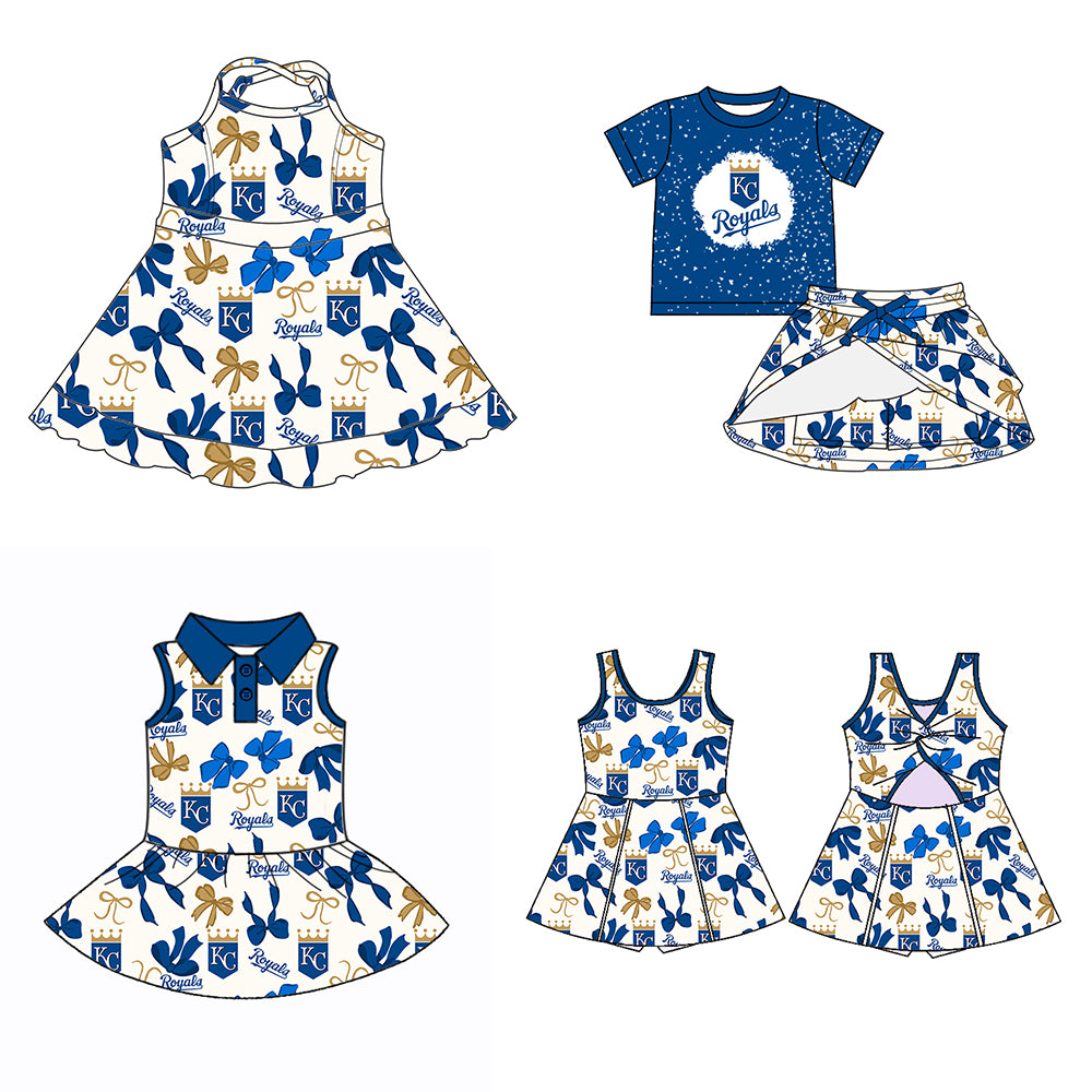 Custom moq 5 mix sizes summer teams baby girls clothes team blue short sleeve skirts shorts sets dress 1 and dress 2 and dress 3 and dress 4-25.5.22