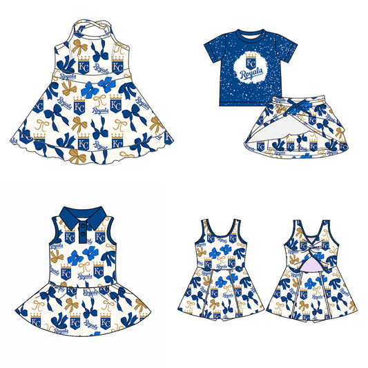 Custom moq 5 mix sizes summer teams baby girls clothes team blue short sleeve skirts shorts sets dress 1 and dress 2 and dress 3 and dress 4-25.5.22