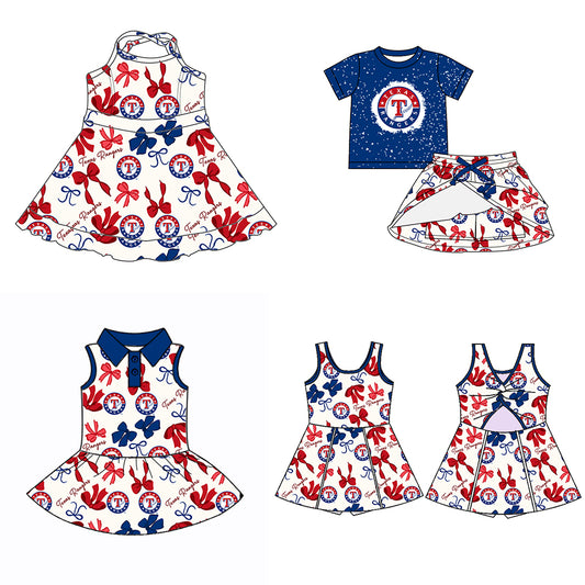 Custom moq 5 mix sizes summer teams baby girls clothes team blue short sleeve skirts shorts sets dress 1 and dress 2 and dress 3 and dress 4-25.5.19