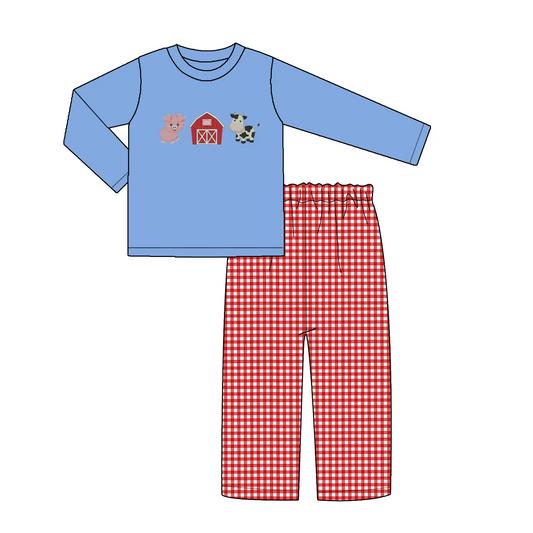 Custom moq 3 eta 7/8week moq 5 eta /4/5week Blue long-sleeved top with pig-house-cow pattern & red plaid trousers set