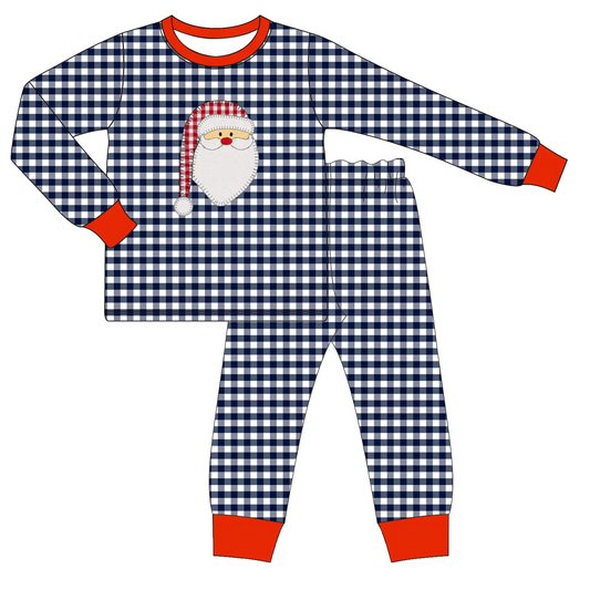 Custom moq 3 eta 7/8week moq 5 eta /4/5week Embroidered Santa Claus Navy Blue Small Plaid Long Sleeve Suit