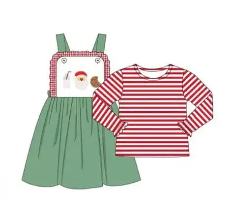 Custom moq 3 eta 7/8week moq 5 eta /4/5week Milk-Santa-Cookie Pattern Green Sling Dress + Red Striped Long Sleeve Top Set