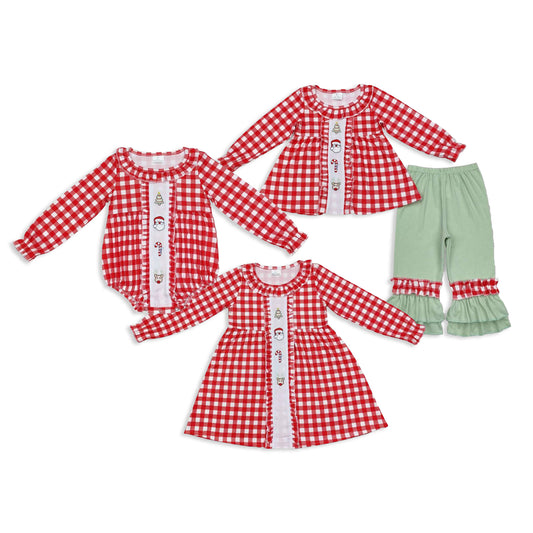 RTS Sibling baby girls clothes Christmas Embroidery long Sleeve pants sets and dress and romper