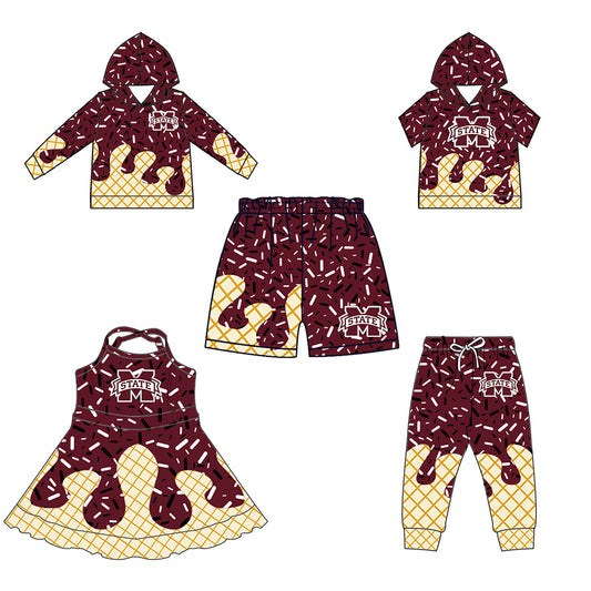 Custom summer teams baby girls clothes team brick red hooded long sleeve tops and short sleeve top and dress and pants and shorts-25.5.28