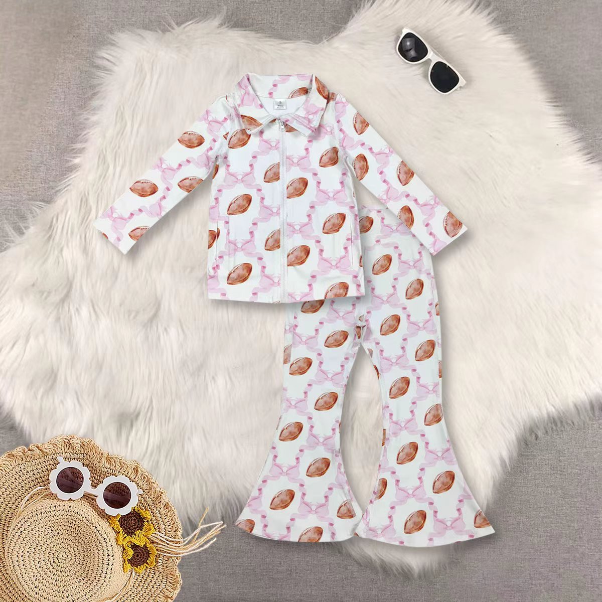 RTS NO MOQ Sibling baby girl clothes Rugby Pink Bow Patterned Yoga Zipper Long-Sleeved Top Pants set and top and pants