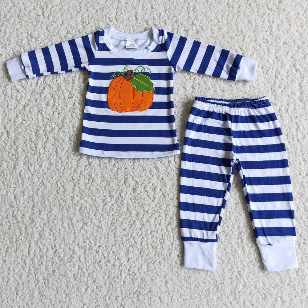 RTS Pumpkin Embroidery Striped Pajama Skirt Top Set Matching