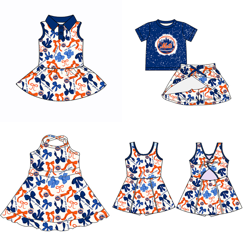 Custom moq 5 mix sizes summer teams baby girls clothes team blue short sleeve skirts shorts sets dress 1 and dress 2 and dress 3 and dress 4-25.5.17