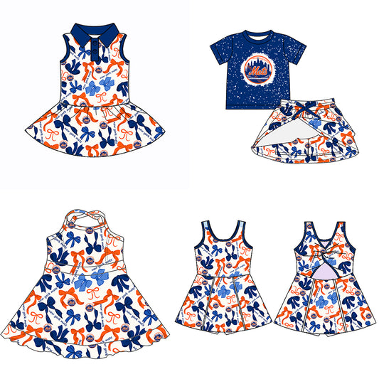 Custom moq 5 mix sizes summer teams baby girls clothes team blue short sleeve skirts shorts sets dress 1 and dress 2 and dress 3 and dress 4-25.5.17
