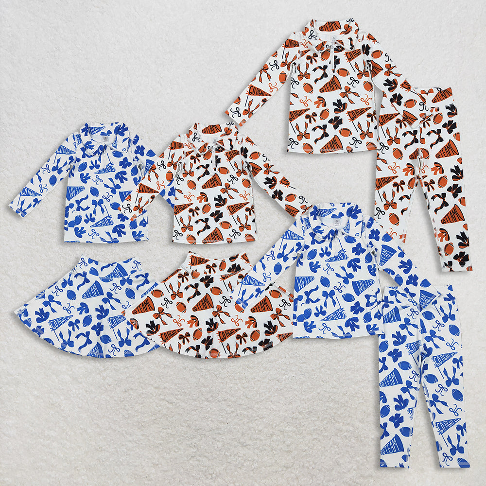 RTS NO MOQ Sibling baby girl clothes team cheer bow long sleeve skirts sets and pants sets