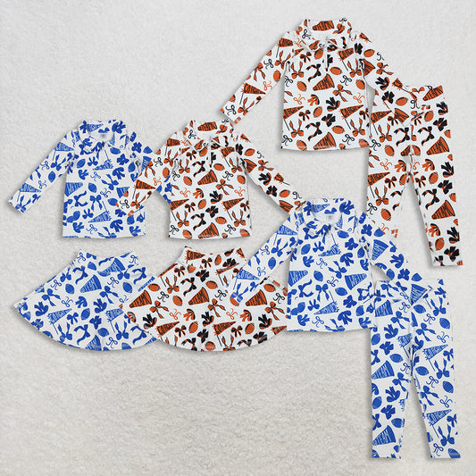 RTS NO MOQ Sibling baby girl clothes team cheer bow long sleeve skirts sets and pants sets