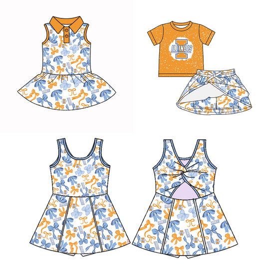 Custom moq 5 mix sizes summer teams baby girls clothes team orange short sleeve skirts shorts sets dress 1 and dress 2-25.5.10