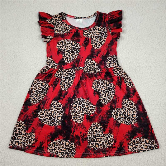 RTS SALES NO MOQ G1-12-1*； Leopard print heart black and red flying sleeve skirt 豹纹爱心黑红色飞袖裙