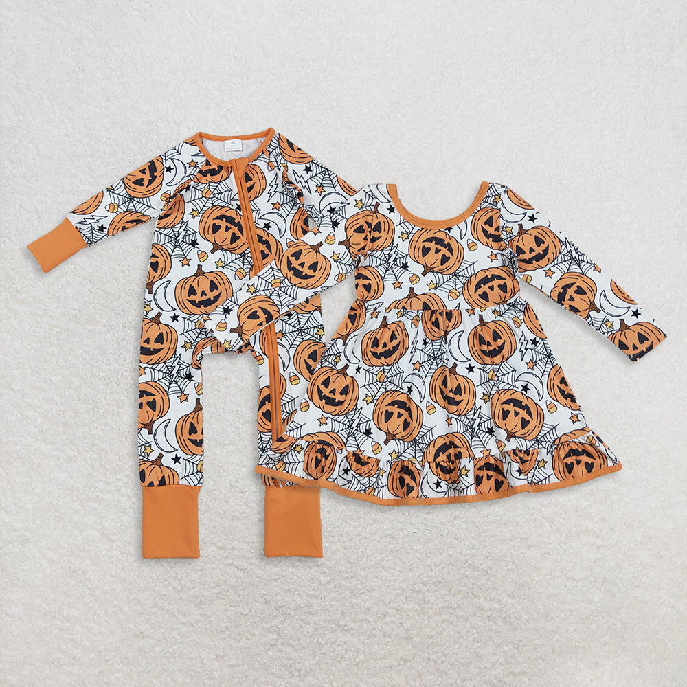 RTS Sibling baby girls clothes halloween pumpkin long Sleeve romper and dress