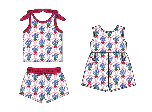 1.20 custom each style moq 5eta 4-6week Sibling Sister floral baby girls short sleeve shorts sets and jumpsuit match design