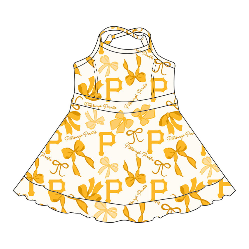 Custom moq 5 mix sizes summer teams baby girls clothes team yellow short sleeve skirts shorts sets dress 1 and dress 2 and dress 3 and dress 4-25.5.22