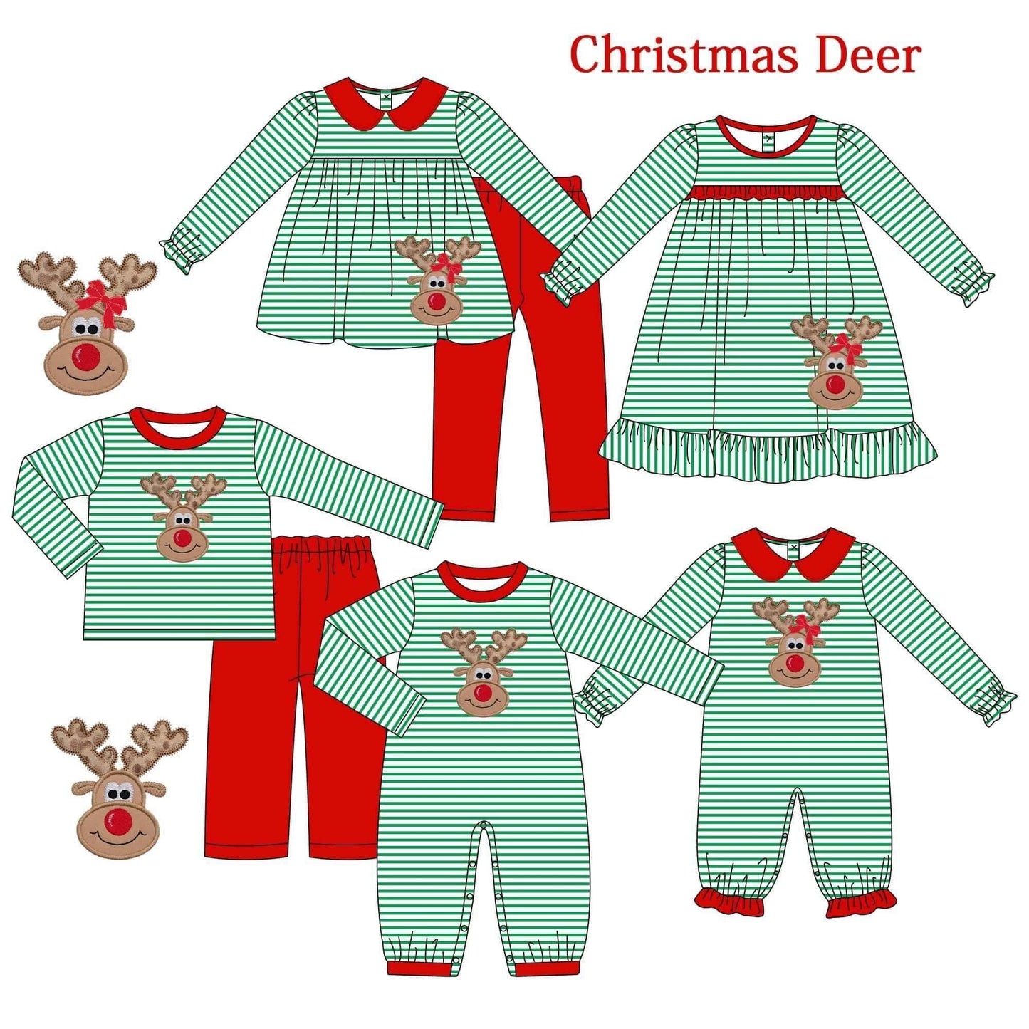 Christmas style elk print green striped red Sibling Sister Clothes Sets