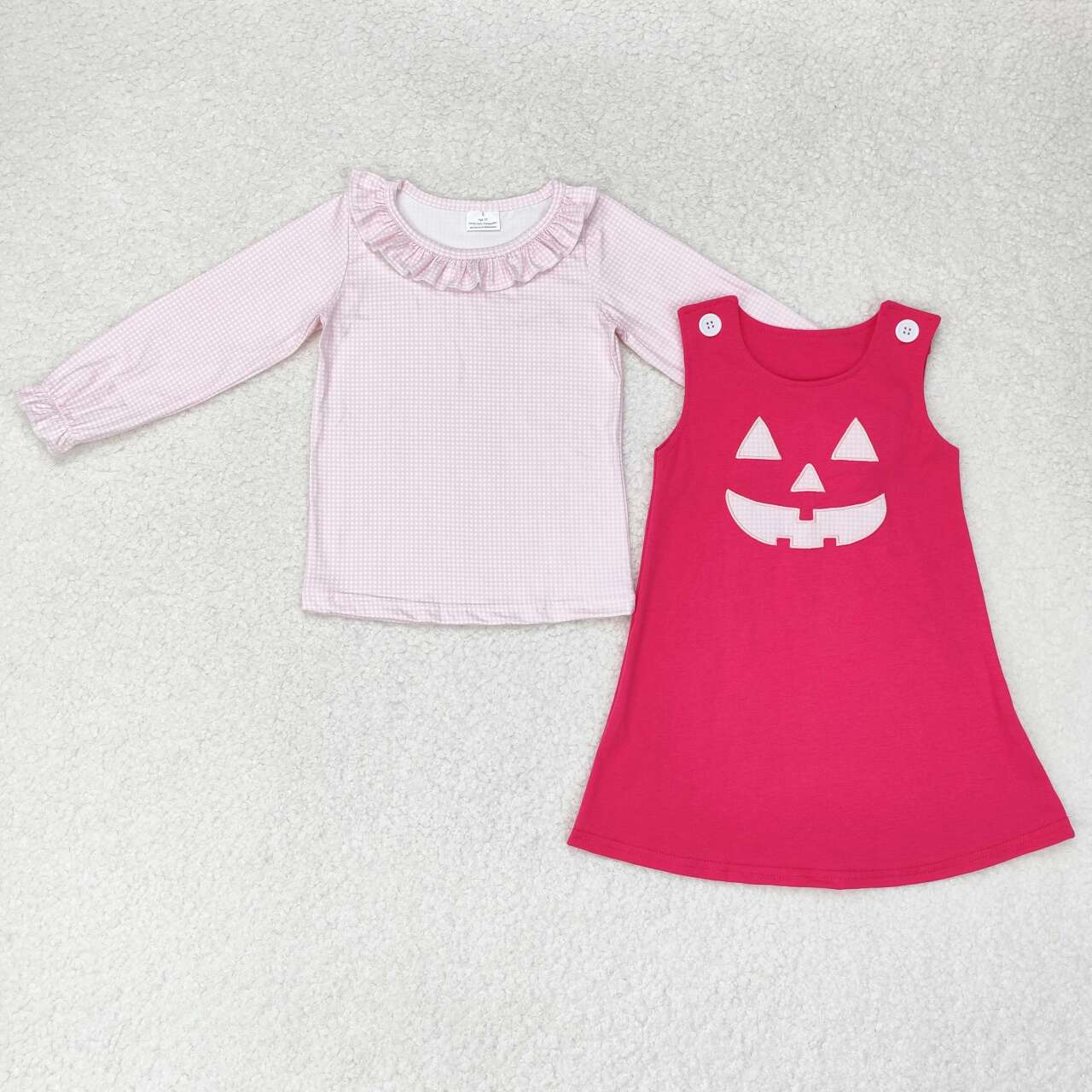 RTS no moq GT0626+GSD1361 Pink plaid lace long-sleeved top Halloween embroidery smiley face rose red sleeveless dress 2 pieces set