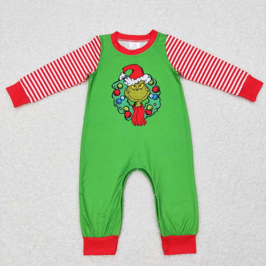 LR0579 grinch wreath red striped green long sleeve jumpsuit