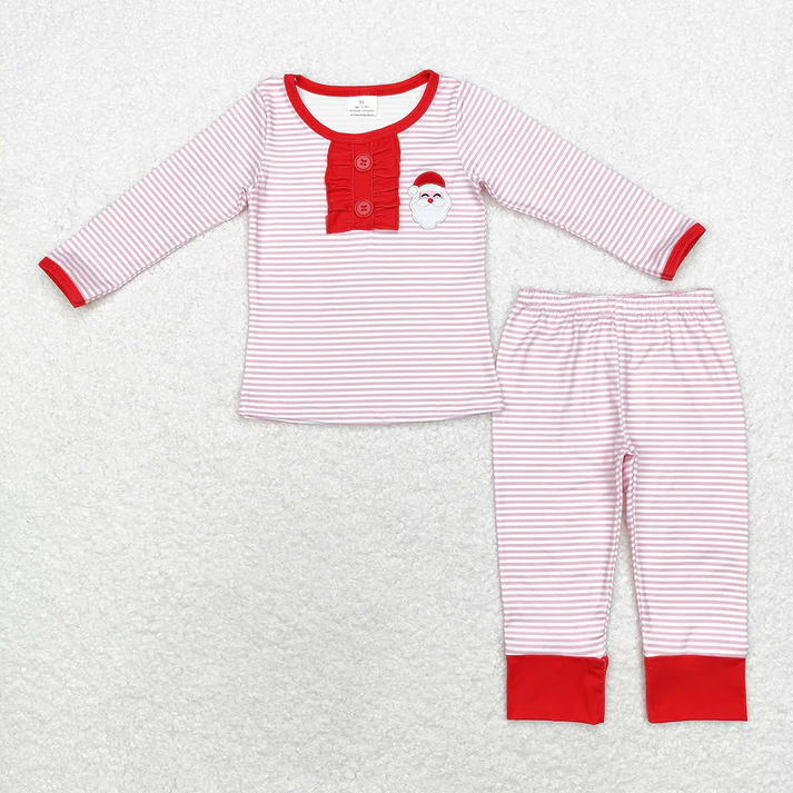 RTS NO MOQ Baby Girls Boys Sibling Christmas Stripes Santa Top Pants Pajamas Embroidered Santa Claus Pajamas