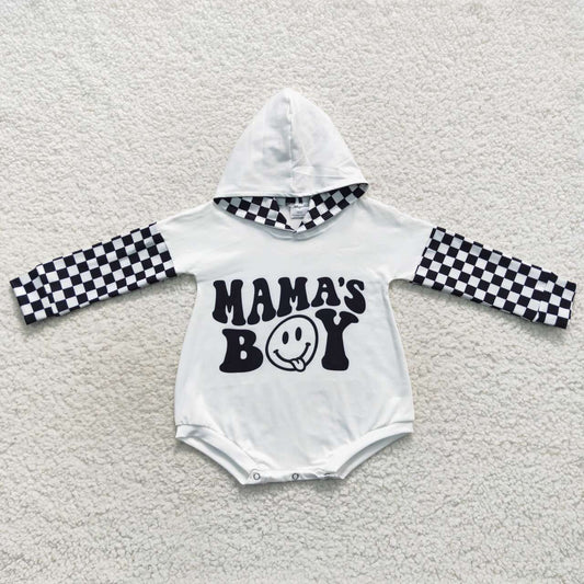 RTS NO MOQ（In Stock) LR0540 mama's boy smiling face black and white plaid hooded long-sleeved jumpsuit