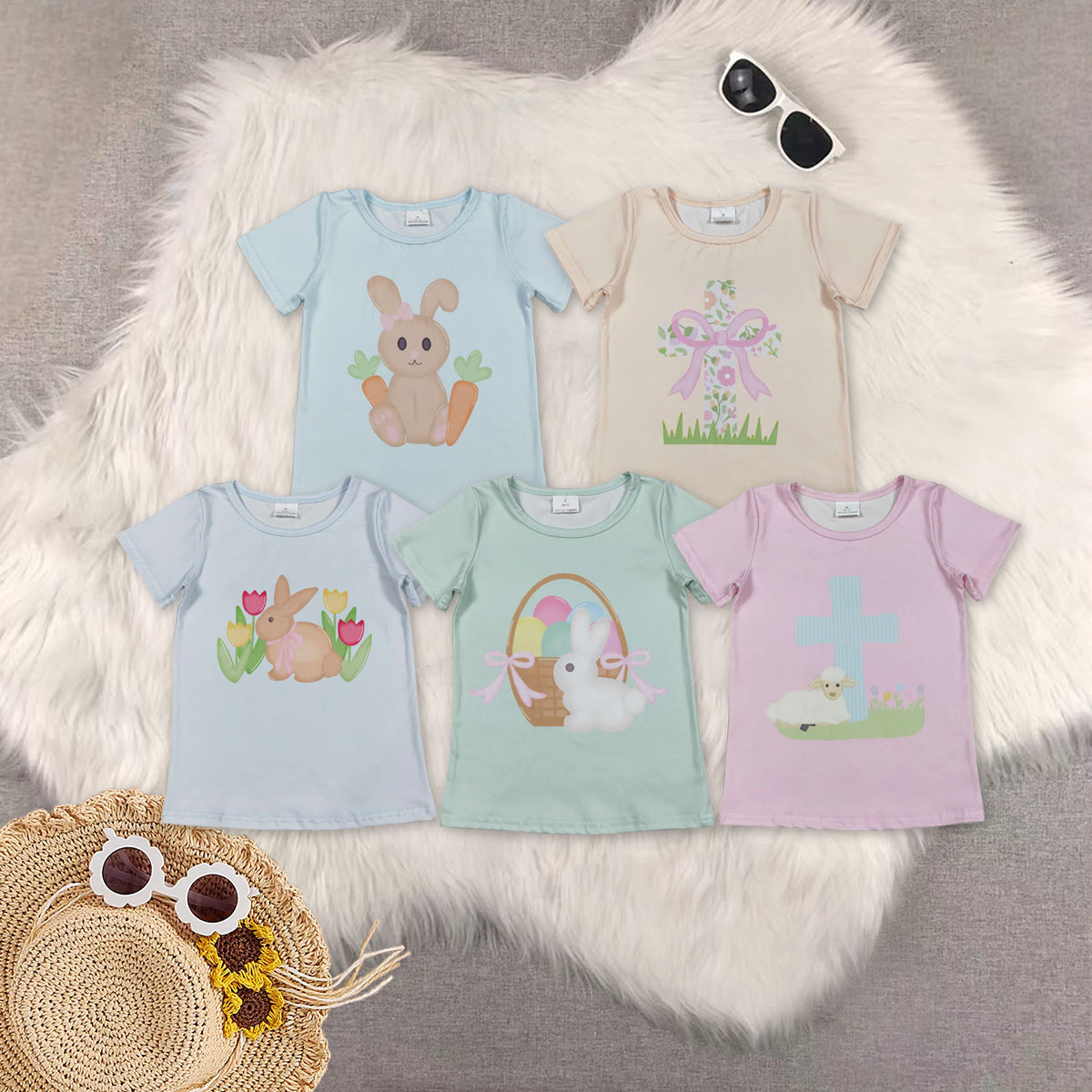 RTS NO MOQ Sibling baby girl boy clothes easter Sheep Cross Pink Short-Sleeve Tops