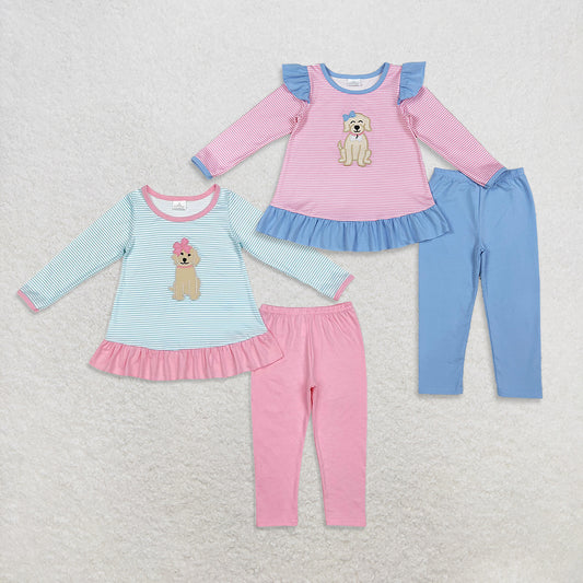 RTS NO MOQ Sibling baby girl clothes embroidery puppy long-sleeved pants suits