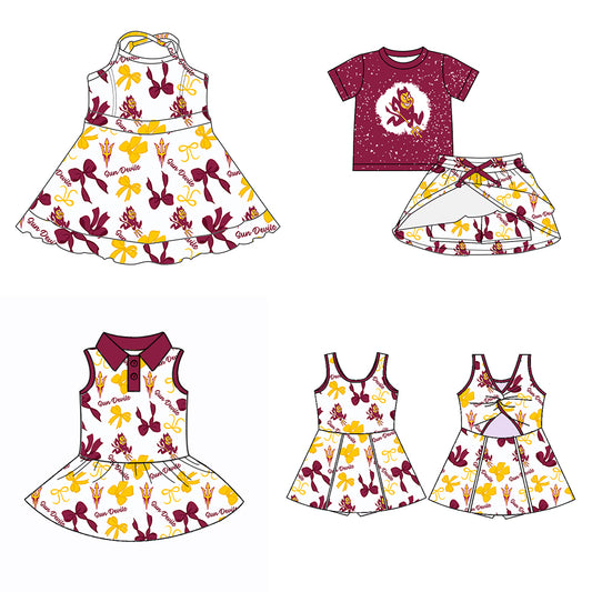 Custom moq 5 mix sizes summer teams baby girls clothes team brick red short sleeve skirts shorts sets dress 1 and dress 2 and dress 3 and dress 4-25.5.24