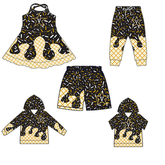 Custom summer teams baby girls clothes team black hooded long sleeve tops and short sleeve top and dress and pants and shorts-25.5.29
