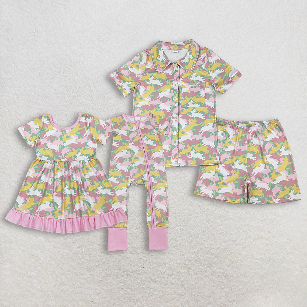 RTS baby girls clothes and adult summer bunny camouflage short sleeve dress and romper and adult Short sleeve Shorts sets