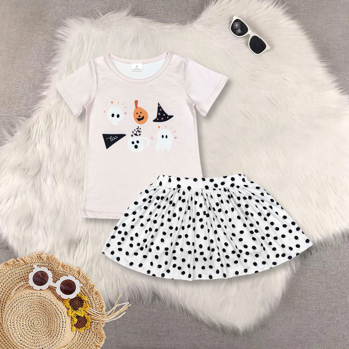 RTS NO MOQ Sibling baby girls clothes Halloween ghost pumpkin short-sleeved top and skirts