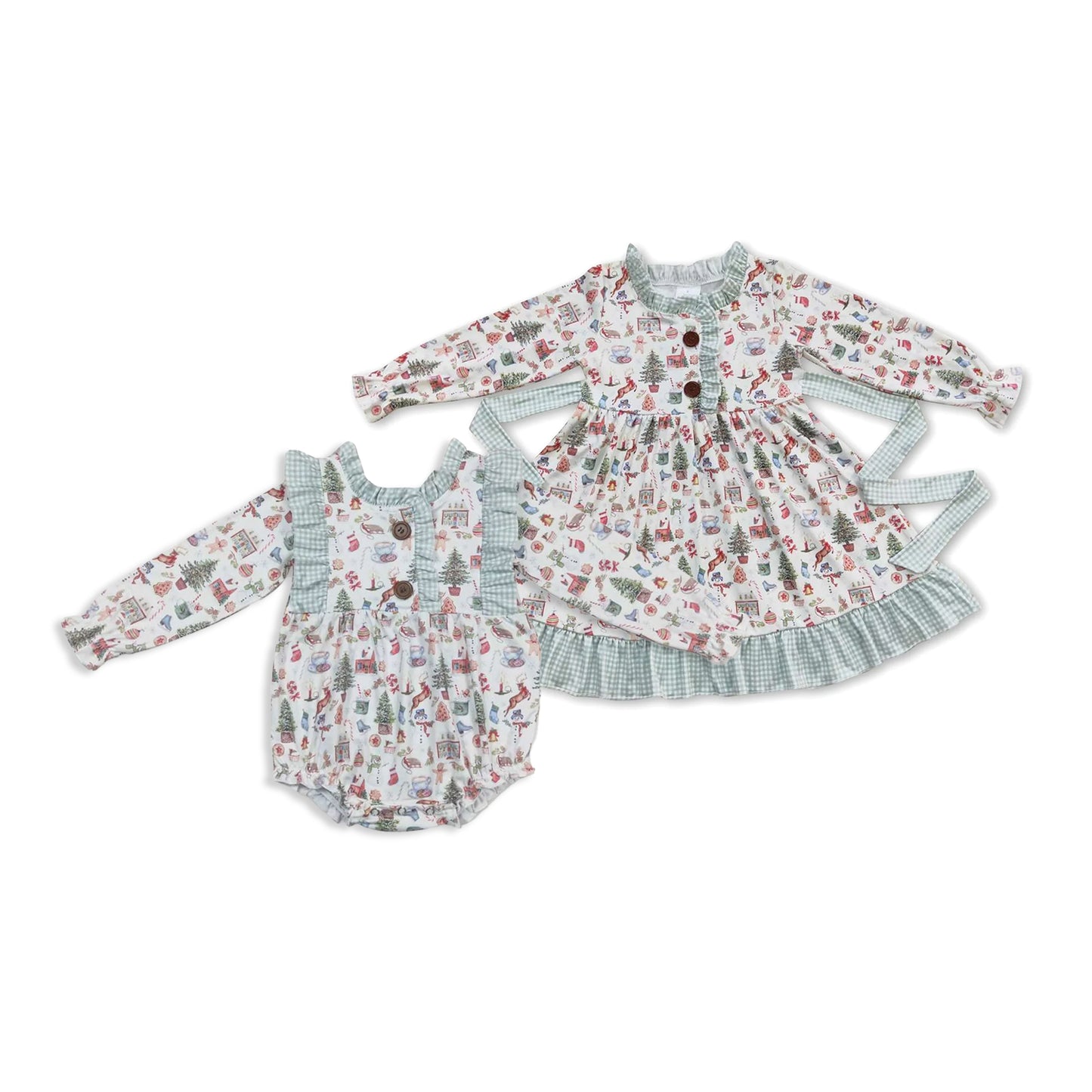 RTS NO MOQ Sibling baby girl clothes Christmas long sleeve dress and romper