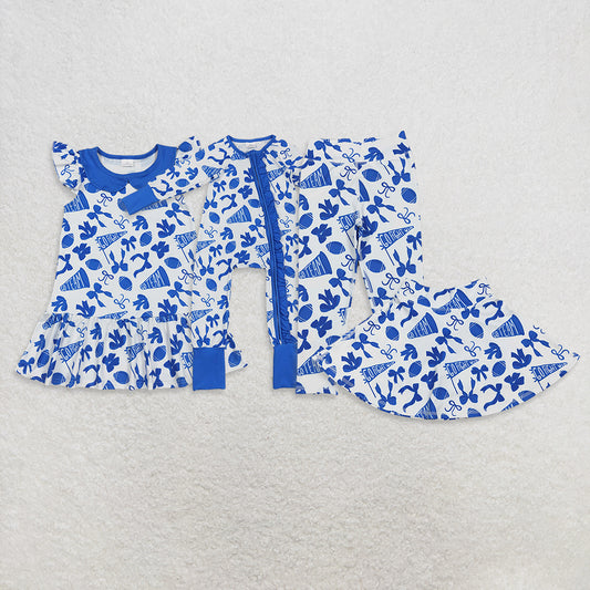 RTS NO MOQ Sibling baby girl clothes team cheer bow flying sleeve dress and romper and pants and skirts