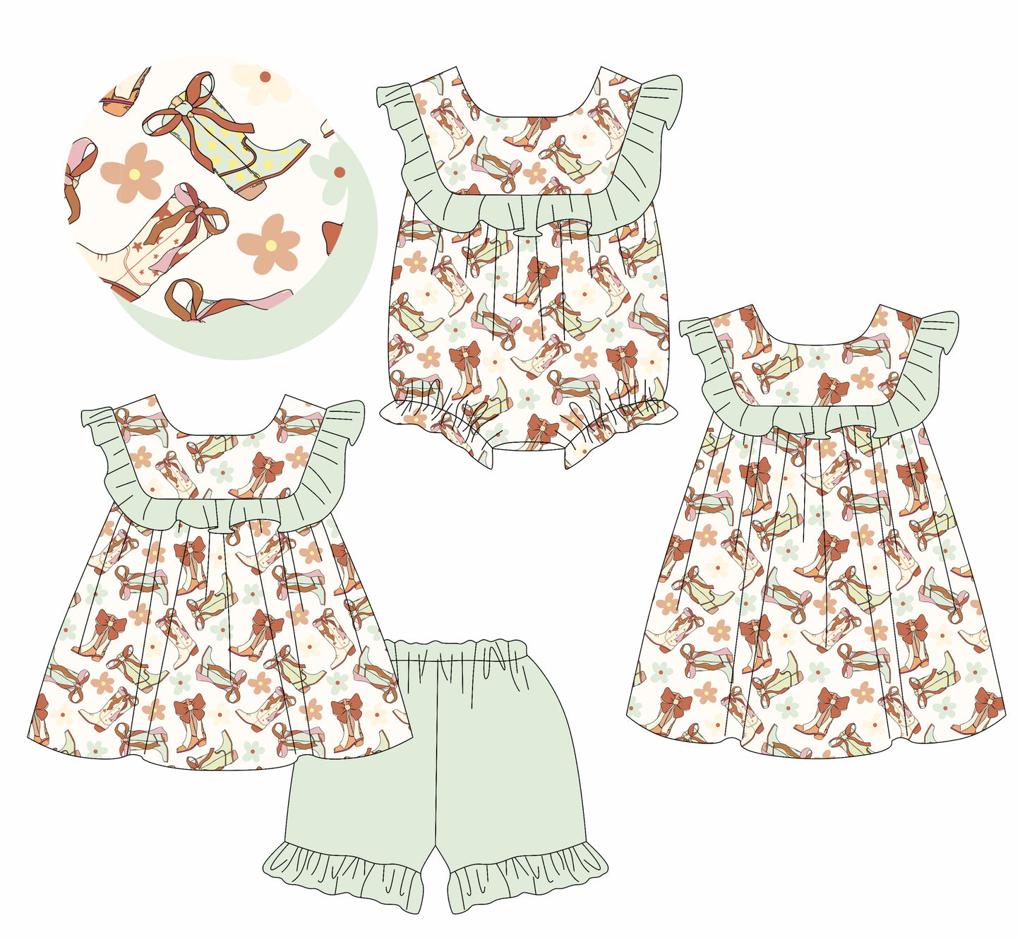 1.23 custom each style moq 5eta 4-6week Sibling Sisters boot bow baby girl short sleeve shorts sets and dress and rompers match family design