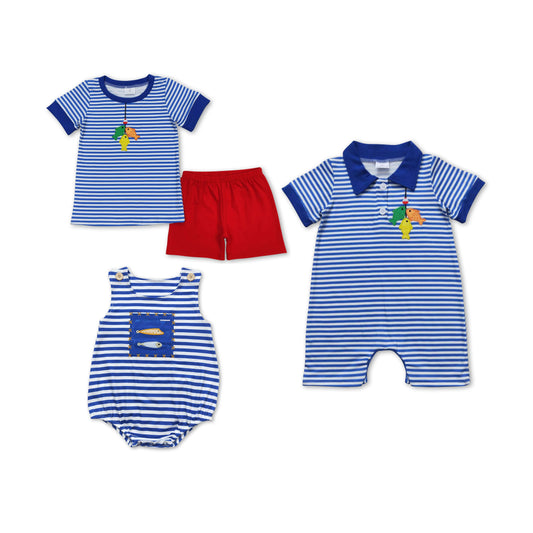 Baby Boys Fishing Blue Stripes Sibling Embroidery Summer Clothes Sets