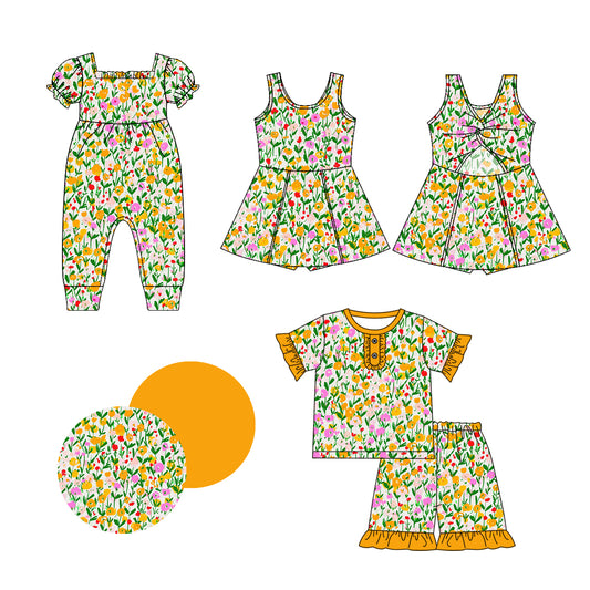 1.2 custom each style moq 5eta 4-6week Sibling Sistes floral baby girl short sleeve shorts sets and dress and rompers match family design