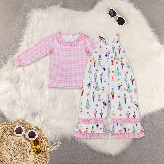 rts no moq Sibling baby girl clothes Pink and white plaid lace long sleeve top Christmas Nutcracker pink suspender jumpsuit sets and top and jumpsuit