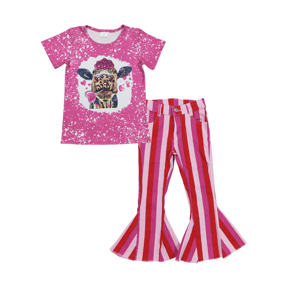 GT0111 Girls love cow flower rose red short-sleeved top+P0043 Light pink, dark pink and bright red striped denim trousers