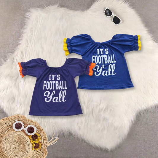 RTS NO MOQ Sibling baby girl clothes Mesh summer fabric Offset blue short-sleeved top Offset purple short-sleeved top jersey