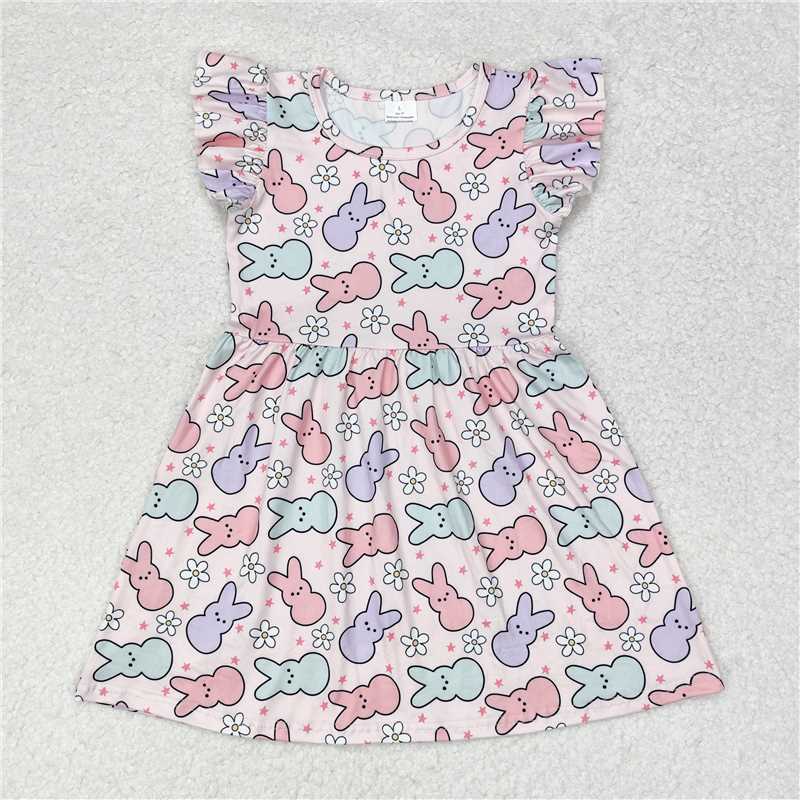 RTS SALES NO MOQ G6-13-1、、。Colorful Rabbit White Flower Tender Pink Flying Sleeve Dress 彩色兔子白花嫩粉色飞袖裙