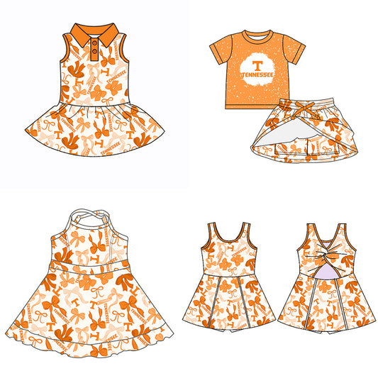 Custom moq 5 mix sizes summer teams baby girls clothes team orange short sleeve skirts shorts sets dress 1 and dress 2 and dress 3 and dress 4-25.5.15